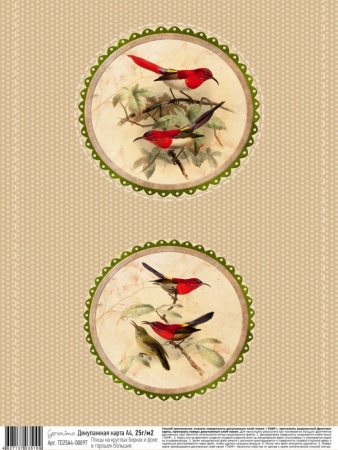 Декупажная карта "Geronimo", А4, 25г/м2, Птицы на круглых бирках и фоне в горошек большие - «Таир»