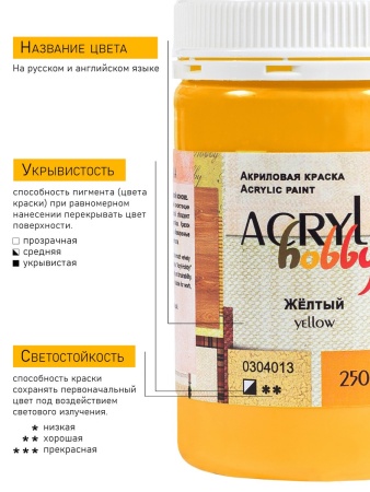 Жёлтый, краска "Акрил-Хобби", банка 250 мл - «Таир»