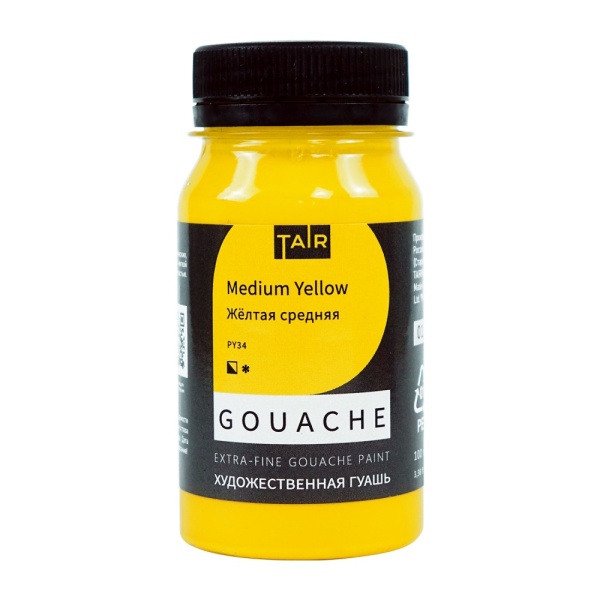 Жёлтая средняя, гуашь художественная, банка 100 мл - «Таир»