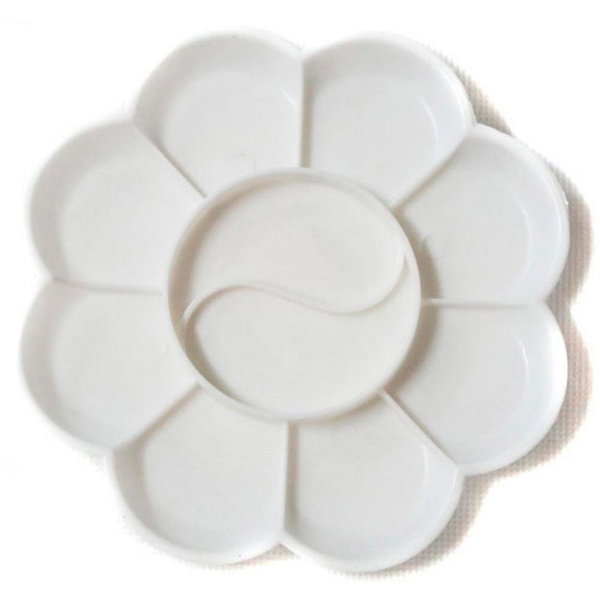 Палитра пластиковая круглая форма-цветок ХоББитания, диам. 13,5 см, 8 ячеек и 2 отделения для смешивания красок - «Таир»