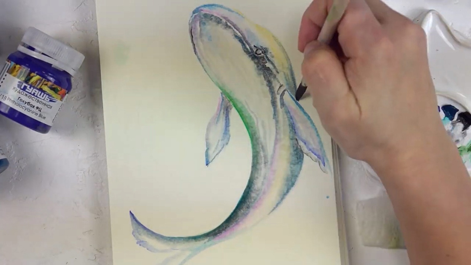 Рисуем кита гуашью. Скетчинг гуашевыми красками