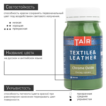 Оксид хрома, краска акриловая по ткани и коже, банка 100 мл - «Таир»