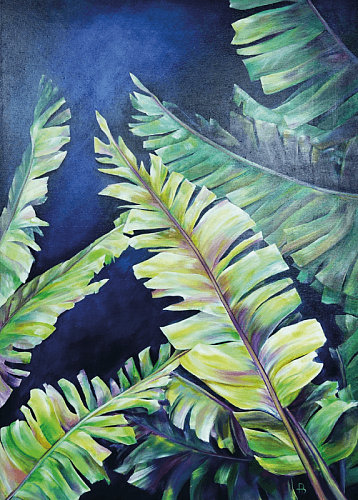 Банановые листья на холсте. Интерьерная картина.