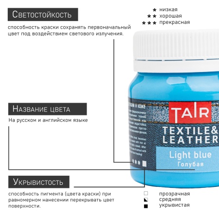 Голубая, краска акриловая по ткани и коже, банка 50 мл - «Таир»