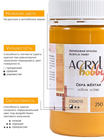 Охра жёлтая, краска "Акрил-Хобби", банка 250 мл - «Таир»