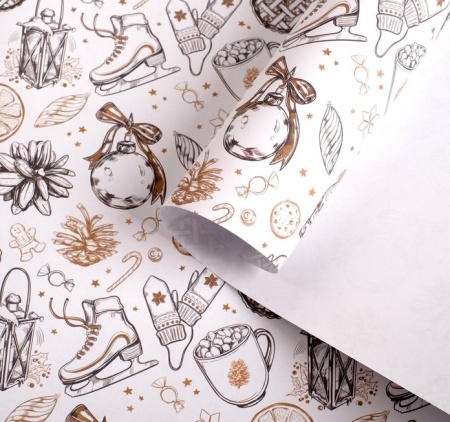 Бумага упаковочная глянцевая "Новогодний лес", золотая краска, 70 x 100 см - «Таир»
