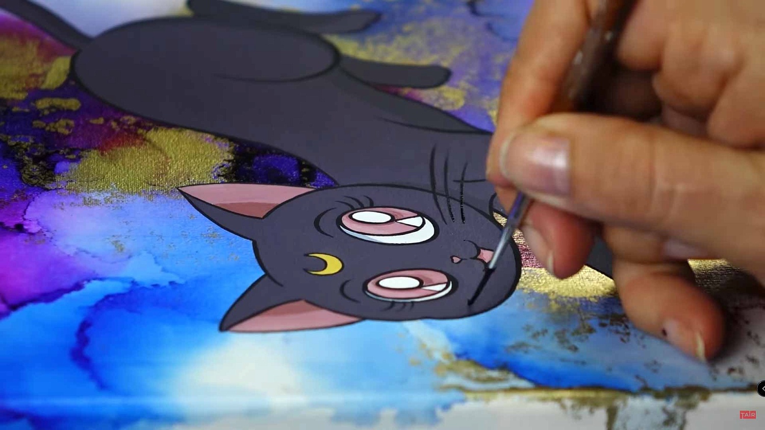 Рисунок на холсте спиртовыми чернилами ТАИР. Кошка Луна из аниме «Сейлор Мун»