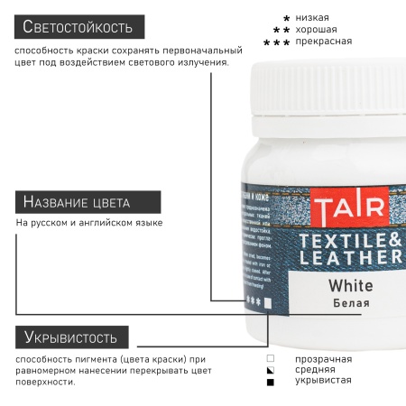 Белая, краска акриловая по ткани и коже, банка 50 мл - «Таир»