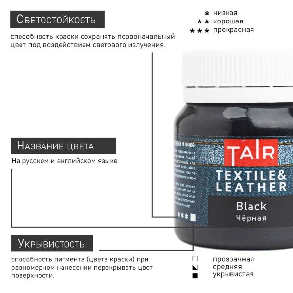 Чёрная, краска акриловая по ткани и коже, банка 50 мл - «Таир»
