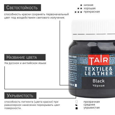 Чёрная, краска акриловая по ткани и коже, банка 50 мл - «Таир»