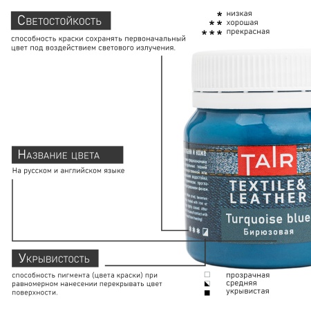 Бирюзовая, краска акриловая по ткани и коже, банка 50 мл - «Таир»
