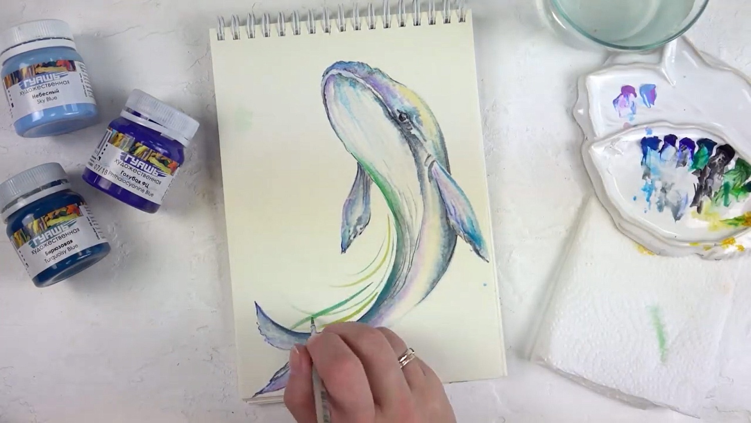 Рисуем кита гуашью. Скетчинг гуашевыми красками