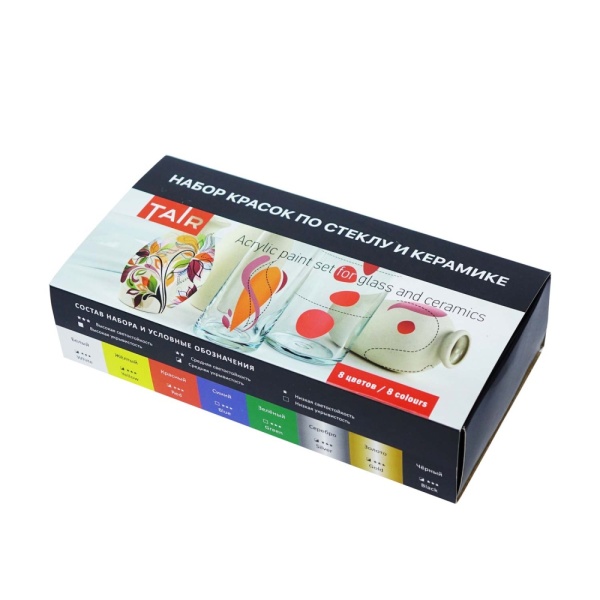 Набор акриловых красок по стеклу и керамике, "TAIR", 20 мл, 8 цветов - «Таир»