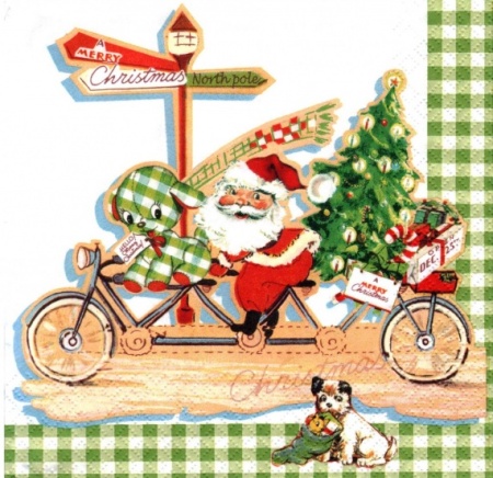 Салфетка для декупажа Home Fashion, 33х33 Дед Мороз на велосипеде - «Таир»