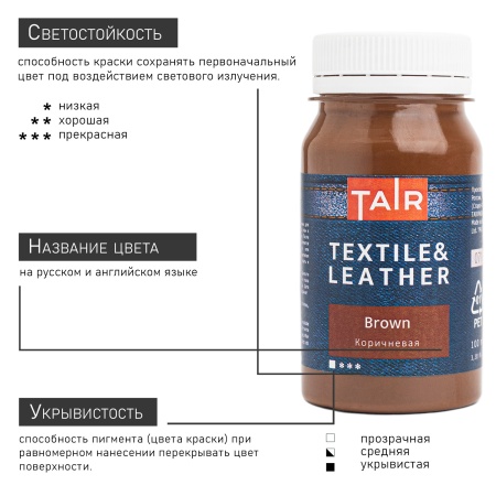 Коричневая, краска акриловая по ткани и коже, банка 100 мл - «Таир»